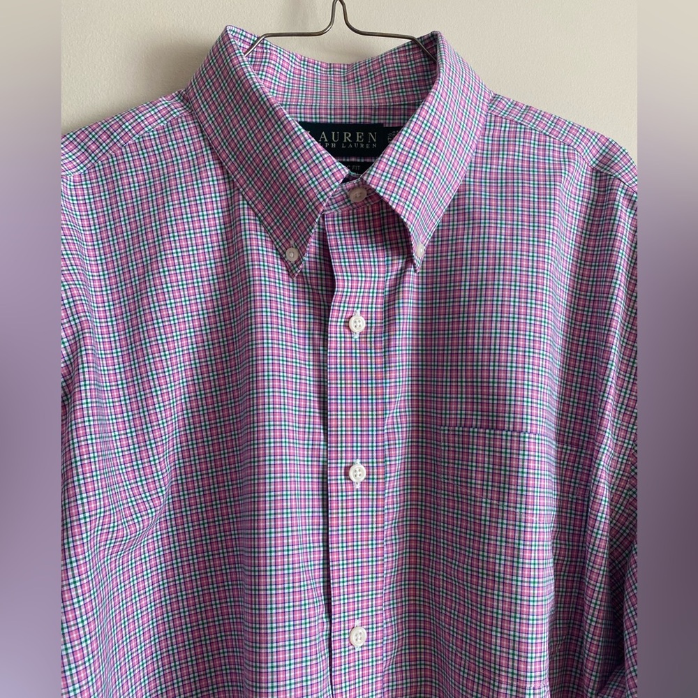 RALPH LAUREN Pink Green Plaid Oxford Button Down Long Sleeve Shirt Size 17.5